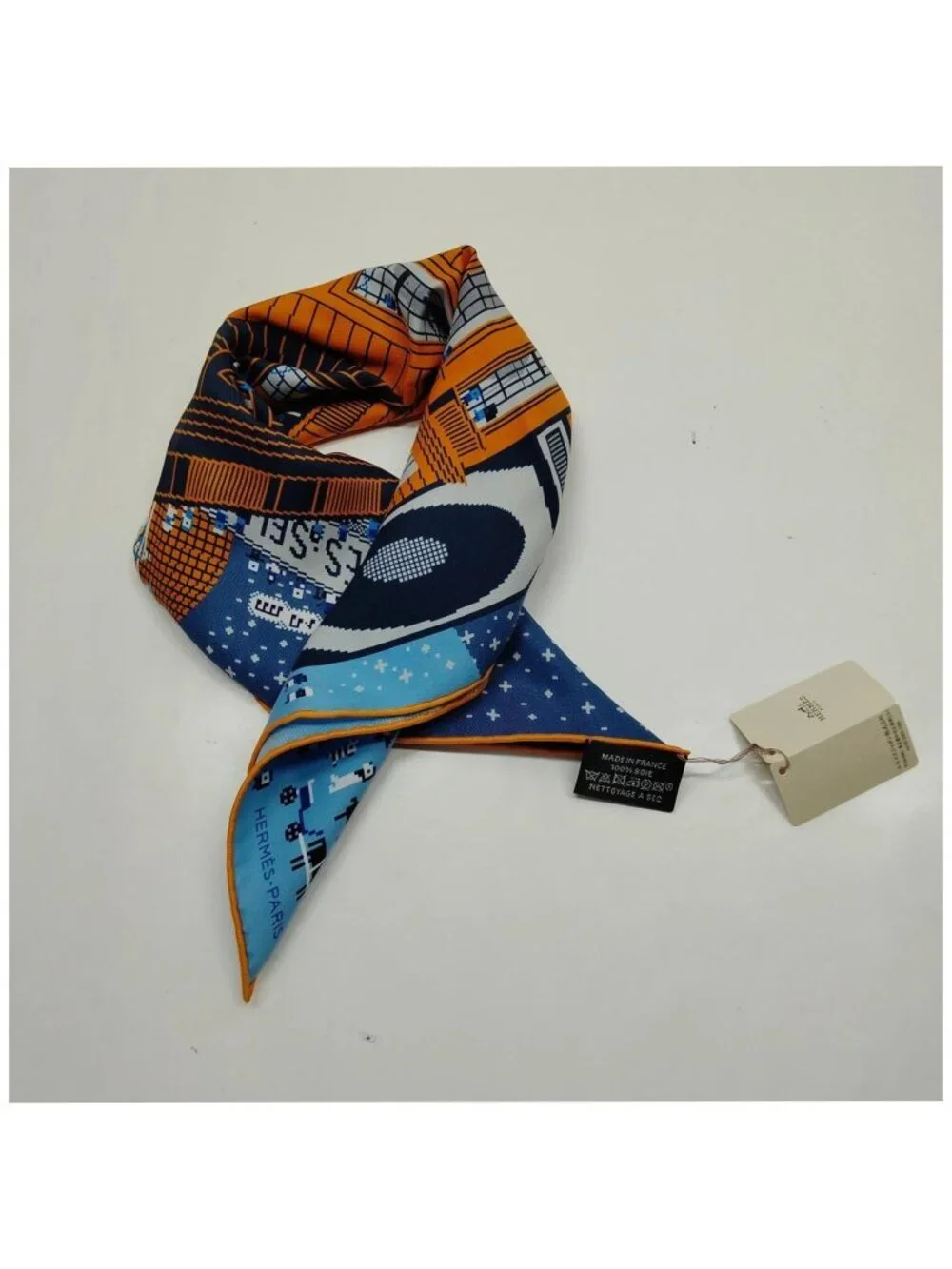 Authentic Hermès Paris Silk Gavroche Scarf Blue Yellow Pixel Art Square Luxury
